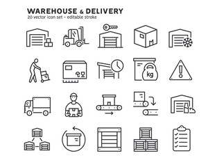 Warehouse and delivery line icons set. Warehouse worker, delivery van, food and cold warehouses. Warehouse exterior, global logistic industry, delivery service flat outline icons. Editable stroke