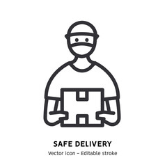 Delivery man in face mask outline icon. Safe delivery pictogram. Warehouse worker line icon. Warehouse loader, global logistic industry, delivery service flat outline icon. Editable stroke
