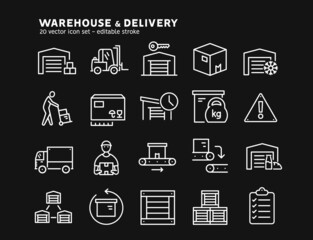 Warehouse and delivery line icons set. Delivery man and van, food and cold warehouses. Warehouse exterior, global logistic industry, delivery service outline icons. Editable stroke, black background