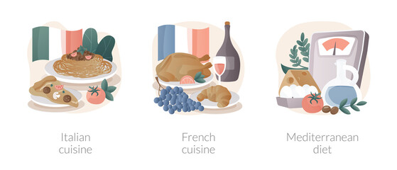 Classic european cuisine abstract concept vector illustrations.