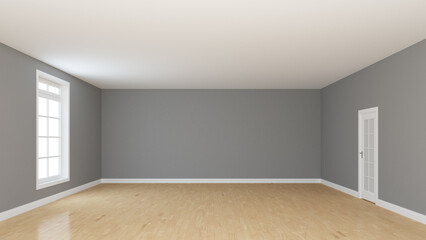 Empty Room Interior Concept with Window and White Door. Light Glossy Parquet, Gray Walls and White Plinth. Perspective View. High Quality 3D Rendering with a Work Path on Window. 8K Ultra HD