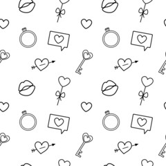 Seamless monochrome pattern for valentine's day. Outlines of heart, lips, ring on white background.
