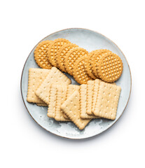 Butter biscuits on plate. Sweet cookies isolated on a white background.