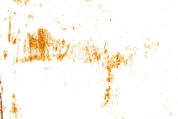 Colorful rusty metal overlay for design. Attrition. Corrosion. Oxidation. Isolated brawn-orange stains on damaged painted metal surface. Vector EPS10.	