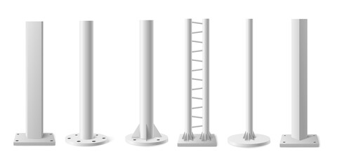 Metal poles or columns in realistic 3d style, vector illustration isolated on white background.