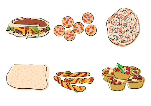 Drawing Pizza Alternatives: Pizza Burger, Mini Pizza, Flame Cake, Focaccia, Pizza Sticks and Pizza Cupcakes