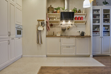 Modern kitchen with dishes, appliances and items in the retro style of French Provence. Clean...