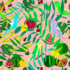 pattern bright wavy parrot in palm leaves