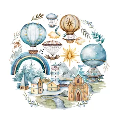 Fototapete hot air balloons,outdoor activities in the park, castle, church, rainbow, sunny day, watercolor in vintage style, freedom set, watercolor set in pastel colors in a round frame © Anna Terleeva