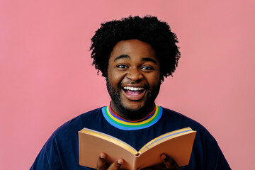 african american man smiling posing with a book in the studio over pink background