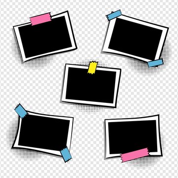 Set of frames in pop art style. Collection of photo frames in comic style for a photo album. Color stickers on frames. Template for the design of frames for photographs, posters, cards, stickers. vect