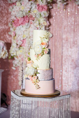 Delicious sweet layered fresh cake for the holiday with beautiful decorations