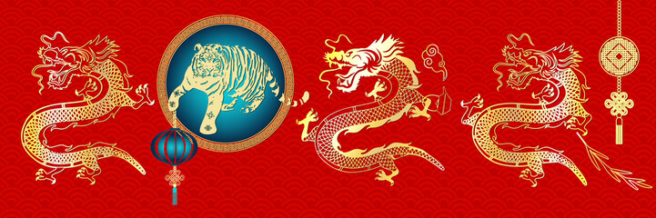 Design of greeting card with Chinese dragons and tiger, yuan. Year of the tiger. 2022. Flyer, banner, greeting card.