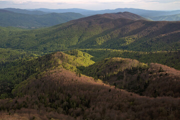 Spring in the Bieszczady Mountains, view from Rabia Skala at sunset, Polish-Slovak border