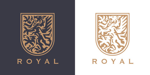 Royal dragon crest logo. Heraldic winged serpent shield icon. Medieval creature ornate heraldry sign. Gothic insignia beast symbol. Premium quality vector illustration.