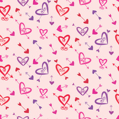 Vector red, pink and purple love hearts in swirly shapes with arrows. Great for Valentine gifts wrapping paper, scrapbooking and textile 