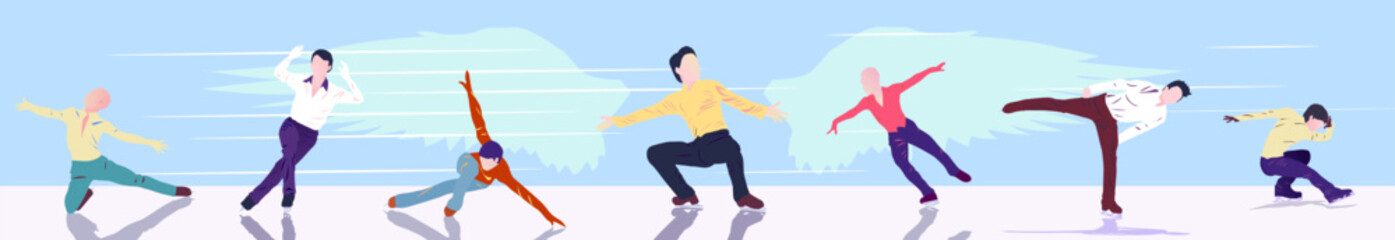 Cartoon illustration with faceless people skating on ice on abstract blue background - obrazy, fototapety, plakaty