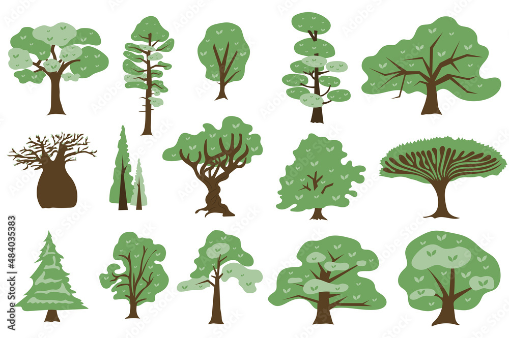 Poster green trees concept collection in flat cartoon design. different types of deciduous and coniferous t