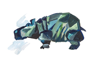 Drawing of a hippo in gouache on a white background. A pattern of spots. On a white background. Large strokes. Minimalist drawing. Painting.