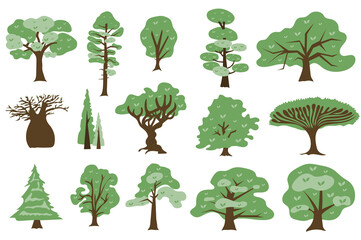 Green trees concept collection in flat cartoon design. Different types of deciduous and coniferous trees with green crown. Parks, gardens and forests plants set isolated elements. Illustration