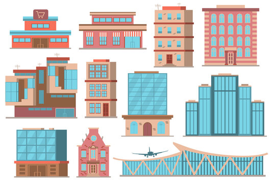 City buildings concept collection in flat cartoon design. Different types of private or public buildings in modern architecture style. Real estate cityscape set isolated elements. Illustration