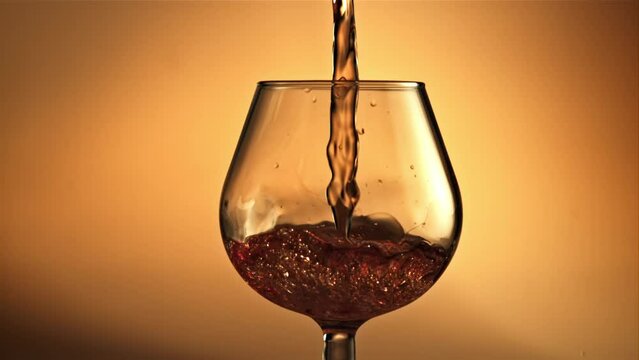 A stream of cognac pours into the glass. On a brown background. Filmed is slow motion 1000 fps. High quality FullHD footage