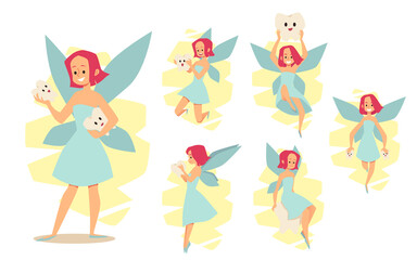 Set of cartoon female characters of tooth fairies in different poses in flat