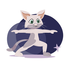 Cat doing Warrior II pose. Anthropomorphic animal in cartoon style
