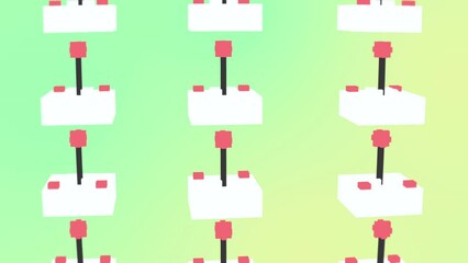 Multiple white nostalgic controllers are spinning in the green background. Nostalgic gaming controllers floating in the gradient background. Nostalgic console controllers in the digital background. - Powered by Adobe