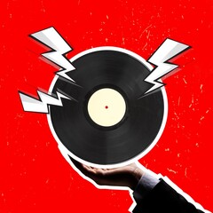 Timelsess music. Composition with retro vinyl record on bright background.