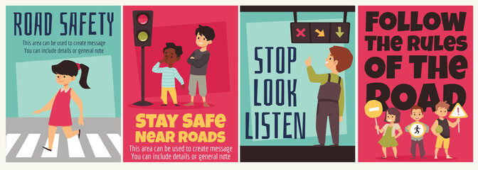 Kids with road signs learning traffic rules on crosswalk and lights, set of cartoon posters, flat vector illustration.