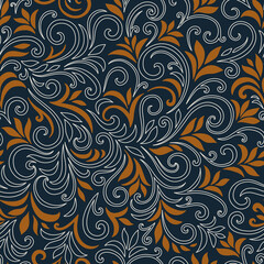 Elegant seamless pattern with leaves and curls. Luxury floral background. Vector illustration.