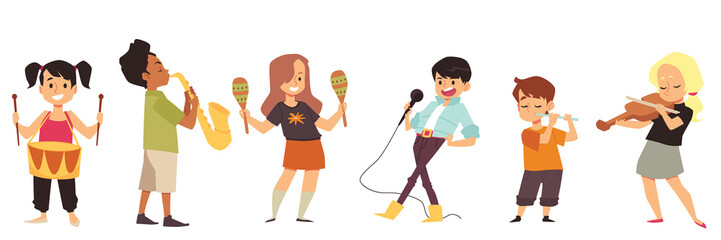 Children play musical instruments and dance, flat vector illustration isolated.