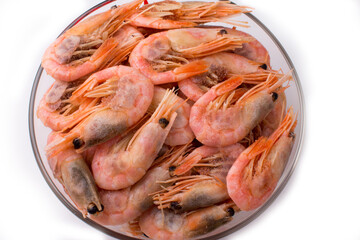 Fresh shrimp on the market by weight. seafood background. copy space