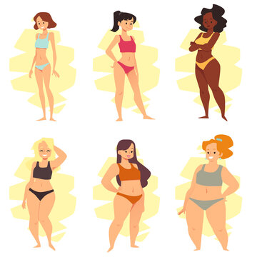 Women of different weight and body types isolated on white background, flat vector illustration.