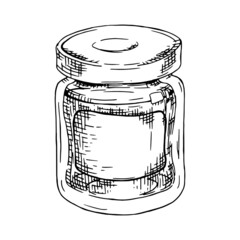 Glass jar hand drawn illustration in hatching style. Isolated vector.