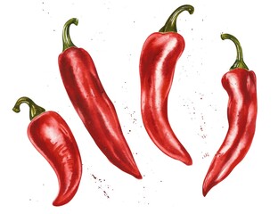 Red hot chili pepper, whole pods, set. Hand drawn watercolor illustration isolated on white background.