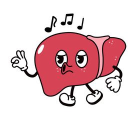 Cute funny liver walking singing character. Vector hand drawn traditional cartoon vintage, retro, kawaii character illustration icon. Isolated on white background. Liver walk and sing character concep