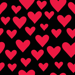 Simple hearts seamless pattern. Valentines day background. Flat design endless chaotic texture made of tiny heart silhouettes. Shades of red. Love signs on black background