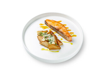 Salmon fillet baked with rustic potatoes on sweet pears stuffed with noble cheese with a sauce of...