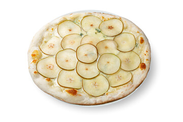 Fruit homemade sweet pear pizza with cheese and honey on white isolated background