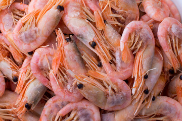 Fresh shrimp on the market by weight. seafood background. copy space
