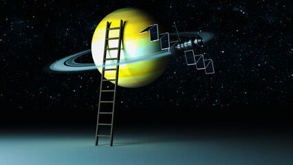 ladder to the planet saturn (3d rendering,this image elements furnished by NASA) © rtype
