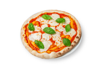 Margarita pizza with basil, tomatoes in their own juice, mozzarella cheese, olive oil in a plate on a white isolated background.