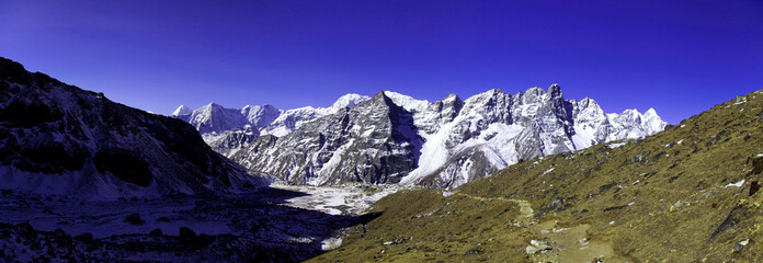 Fototapeta na wymiar Panorama of mountains and snow in the Himalayas trekking along Everest Circuit in Nepal.