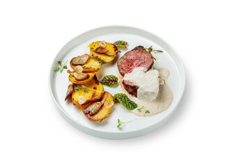 BEEF STEAK WITH PEPPER SAUCE. Medium rare beef tenderloin with sauce, baked potatoes and aromatic chanterelles on the side. in a plate on a white isolated background.  Top view, copy space.