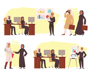 Arab business men and women work in the office, flat vector illustration isolated on white background.
