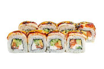 Sushi Roll, fried in breadcrumbs, drizzled with kabayaki sauce, topped with smoked salmon, shrimp, flying fish roe, mixed lettuce leaves, cucumber and cream cheese in a plate on a white isolated backg