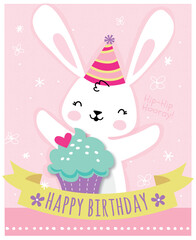 Happy Birthday Bunny. Vector illustration of an adorably sweet bunny rabbit in a party hat.