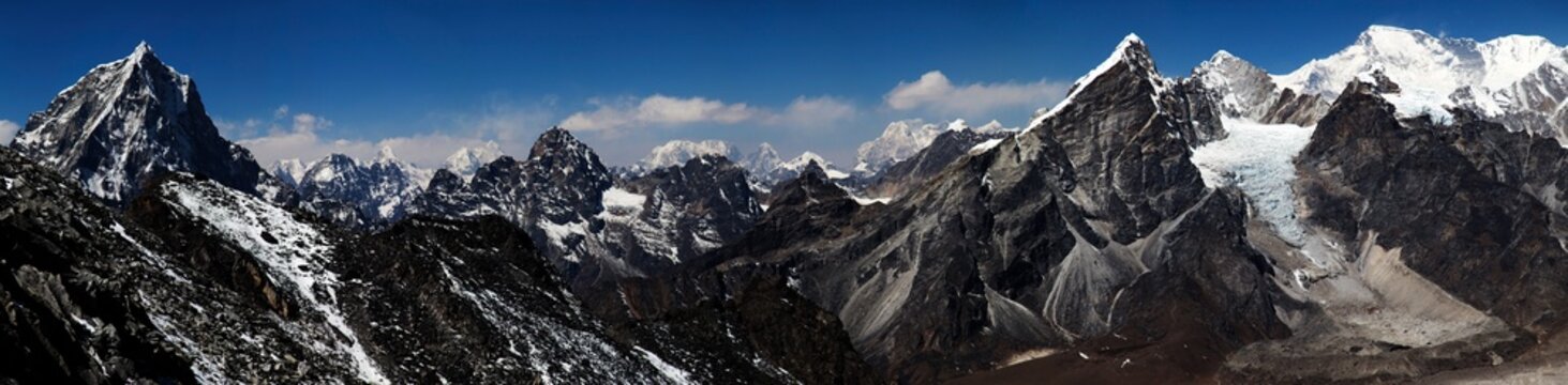 Panorama of mountains and snow in the Himalayas trekking along Everest Circuit in Nepal.